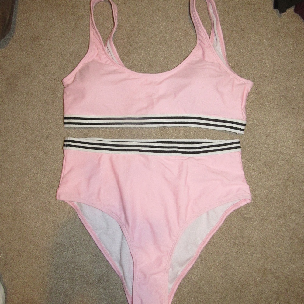 Pink bikini set high waisted bottoms with stripes